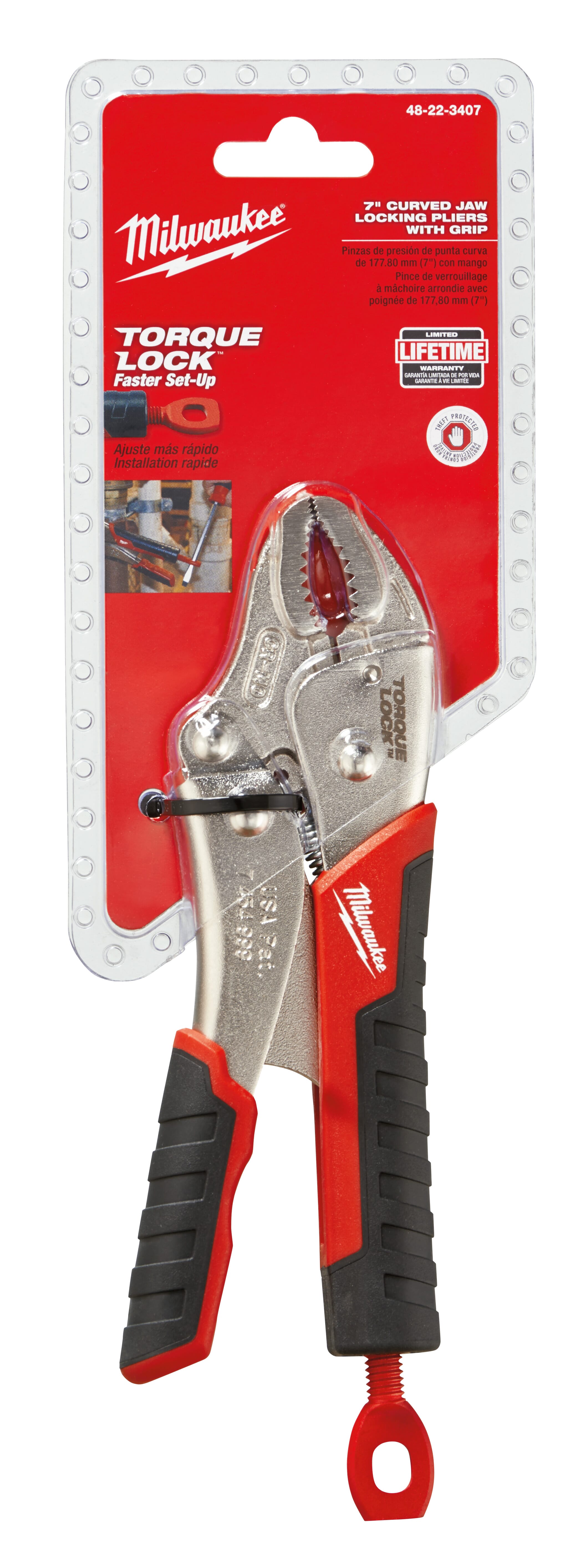 Milwaukee® TORQUE LOCK™ 48-22-3407 1-Handed Lever Locking Plier, 1 in Nominal, 1-5/64 in L x 13/32 in W x 13/32 in THK Alloy Steel Curved Jaw, 7 in OAL